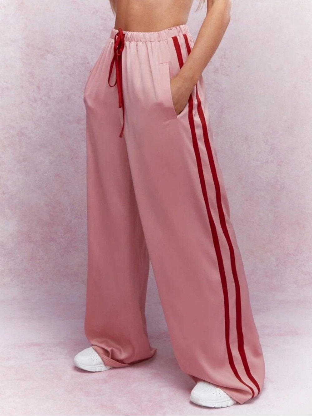Missguided Pink Satin Wide-Leg Lounge Pants with Burgundy Trim - Picture 2 of 5